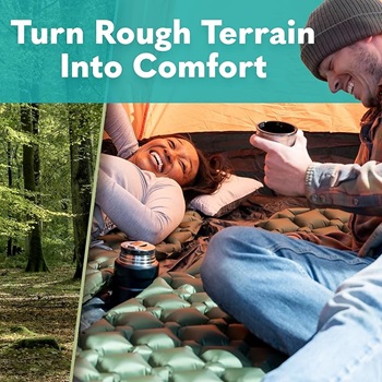 A man and woman lying on the ground laughing while camping, each on a Sleepingo Camping Sleeping Pad.